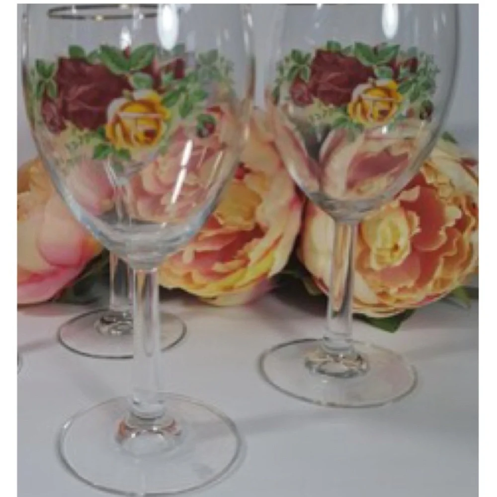 Vintage Royal Albert Old Country Roses Wine Glass Set Barware Burgundy Gold Rim